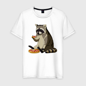 Мужская футболка хлопок с принтом Енот кушает пиццу в Новосибирске, 100% хлопок | прямой крой, круглый вырез горловины, длина до линии бедер, слегка спущенное плечо. | Тематика изображения на принте: fa | food | pizza | predator | products | raccoon | raccoon gargle | trash panda | блюдо | еда | енот | енот полоскун | енотик | енотовидная собака | еноты | животное | зверь | мусорная панда | пица | пицца | продукты | треш панда
