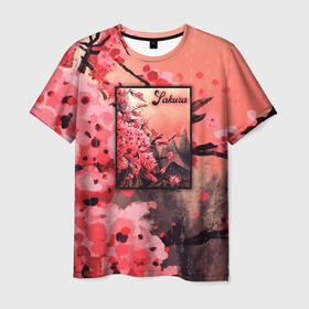 Мужская футболка 3D с принтом Красная Сакура | Red Sakura в Курске, 100% полиэфир | прямой крой, круглый вырез горловины, длина до линии бедер | cherry blossom | crimson sakura | fuji | japan | japanese | mountains | алая сакура | вишнёвое дерево | вишня в цвету | гора | горы | дерево | деревья | живопись | кроваво красная сакура | рисунок сакуры | рисунок японии