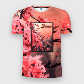 Мужская футболка 3D Slim с принтом Красная Сакура | Red Sakura , 100% полиэстер с улучшенными характеристиками | приталенный силуэт, круглая горловина, широкие плечи, сужается к линии бедра | cherry blossom | crimson sakura | fuji | japan | japanese | mountains | алая сакура | вишнёвое дерево | вишня в цвету | гора | горы | дерево | деревья | живопись | кроваво красная сакура | рисунок сакуры | рисунок японии