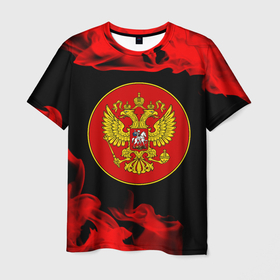 Мужская футболка 3D с принтом RUSSIA   ГЕРБ   Пламя в Новосибирске, 100% полиэфир | прямой крой, круглый вырез горловины, длина до линии бедер | russia | ussr | герб | двухглавый | огонь | орел | орнамент | пламя | победа | родина | рожден | россии | российский | россия | русский | русь | сборная | символ | символика | спорт | ссср | страна | флаг