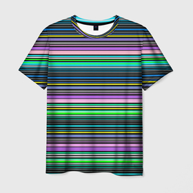 Мужская футболка 3D с принтом Яркие неоновые тонкие полосы в Санкт-Петербурге, 100% полиэфир | прямой крой, круглый вырез горловины, длина до линии бедер | Тематика изображения на принте: neon stripes | stripes | в полоску | неоновые полосы | полосатый узор
