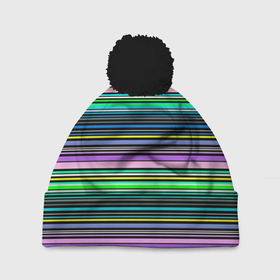Шапка 3D c помпоном с принтом Яркие неоновые тонкие полосы в Санкт-Петербурге, 100% полиэстер | универсальный размер, печать по всей поверхности изделия | neon stripes | stripes | в полоску | неоновые полосы | полосатый узор