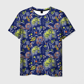 Мужская футболка 3D с принтом Оранжево зеленый цветочный узор на синем фоне в Петрозаводске, 100% полиэфир | прямой крой, круглый вырез горловины, длина до линии бедер | blue | flowers | зеленый | оранжевый | синий | цветочный узор