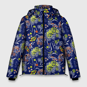 Мужская зимняя куртка 3D с принтом Оранжево зеленый цветочный узор на синем фоне в Кировске, верх — 100% полиэстер; подкладка — 100% полиэстер; утеплитель — 100% полиэстер | длина ниже бедра, свободный силуэт Оверсайз. Есть воротник-стойка, отстегивающийся капюшон и ветрозащитная планка. 

Боковые карманы с листочкой на кнопках и внутренний карман на молнии. | Тематика изображения на принте: blue | flowers | зеленый | оранжевый | синий | цветочный узор