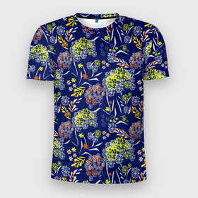 Мужская футболка 3D Slim с принтом Оранжево зеленый цветочный узор на синем фоне в Петрозаводске, 100% полиэстер с улучшенными характеристиками | приталенный силуэт, круглая горловина, широкие плечи, сужается к линии бедра | blue | flowers | зеленый | оранжевый | синий | цветочный узор
