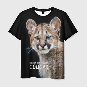 Мужская футболка 3D с принтом Пума   котенок , 100% полиэфир | прямой крой, круглый вырез горловины, длина до линии бедер | cat | cougar | kitten | look | predator | puma | wild | взгляд | дикая | котенок | кошка | пума | хищник