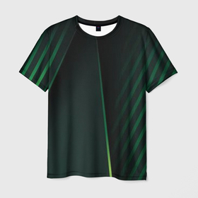 Мужская футболка 3D с принтом Зеленые 3D полосы со свечением в Кировске, 100% полиэфир | прямой крой, круглый вырез горловины, длина до линии бедер | Тематика изображения на принте: 3d | 3д | art | digital | green | illusion | lines | арт | графика | диджитал | зеленый | иллюзия | полосы | трехмерная | трехмерный