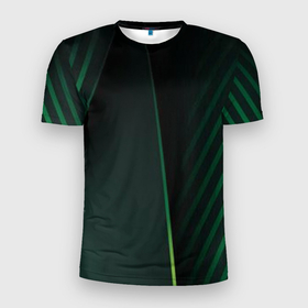 Мужская футболка 3D Slim с принтом Зеленые 3D полосы со свечением в Екатеринбурге, 100% полиэстер с улучшенными характеристиками | приталенный силуэт, круглая горловина, широкие плечи, сужается к линии бедра | 3d | 3д | art | digital | green | illusion | lines | арт | графика | диджитал | зеленый | иллюзия | полосы | трехмерная | трехмерный