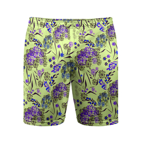 Мужские шорты спортивные с принтом Фиолетовые цветы на зеленом фоне в Кировске,  |  | floral pattern | green | зеленый | фиолетовый | цветочный узор