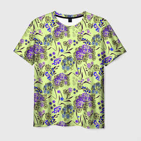 Мужская футболка 3D с принтом Фиолетовые цветы на зеленом фоне в Белгороде, 100% полиэфир | прямой крой, круглый вырез горловины, длина до линии бедер | Тематика изображения на принте: floral pattern | green | зеленый | фиолетовый | цветочный узор