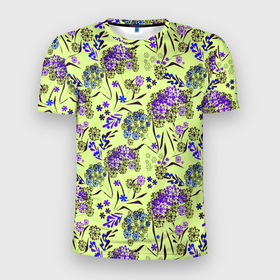 Мужская футболка 3D Slim с принтом Фиолетовые цветы на зеленом фоне в Новосибирске, 100% полиэстер с улучшенными характеристиками | приталенный силуэт, круглая горловина, широкие плечи, сужается к линии бедра | floral pattern | green | зеленый | фиолетовый | цветочный узор
