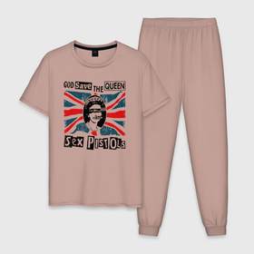 Мужская пижама хлопок с принтом Sex Pistols   God Save The Queen , 100% хлопок | брюки и футболка прямого кроя, без карманов, на брюках мягкая резинка на поясе и по низу штанин
 | god save the queen | группа | джонни роттен | музыка | панк | панк рок | панк рок группа | рок | рок группа