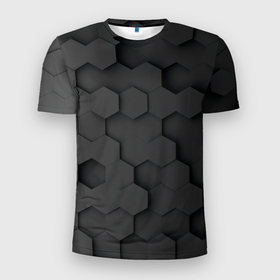 Мужская футболка 3D Slim с принтом Чёрные 3D пластины   black 3d plates   плиты в Новосибирске, 100% полиэстер с улучшенными характеристиками | приталенный силуэт, круглая горловина, широкие плечи, сужается к линии бедра | black 3d plates | carbon | hexagon | hexagonal | гексагон | геометрия | карбон | корбон | текстура | текстура гексагон | текстура карбон | черные 3д пластины | черные плиты | черные шестиугольники | шестиугольники