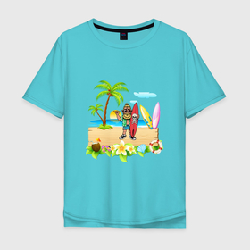 Мужская футболка хлопок Oversize с принтом HIPPIES BY THE SEA в Тюмени, 100% хлопок | свободный крой, круглый ворот, “спинка” длиннее передней части | вода | водный | волны | забавный | зеленый | лето | море | морская жизнь | океан | пальма | пляж | прибой | природа | серфинг | синий | солнце