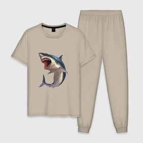 Мужская пижама хлопок с принтом SEA PREDATOR в Тюмени, 100% хлопок | брюки и футболка прямого кроя, без карманов, на брюках мягкая резинка на поясе и по низу штанин
 | вода | животное | зубы | море | океан | опасный | подводный | природа | рыба | синий | хищник | челюсти