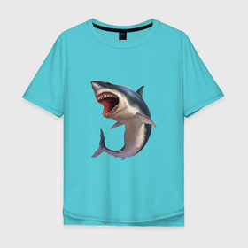 Мужская футболка хлопок Oversize с принтом SEA PREDATOR в Тюмени, 100% хлопок | свободный крой, круглый ворот, “спинка” длиннее передней части | Тематика изображения на принте: вода | животное | зубы | море | океан | опасный | подводный | природа | рыба | синий | хищник | челюсти