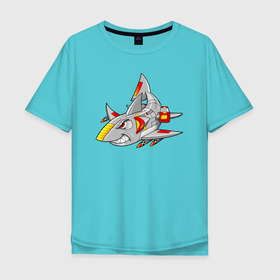 Мужская футболка хлопок Oversize с принтом Акула кибер   самолет в Тюмени, 100% хлопок | свободный крой, круглый ворот, “спинка” длиннее передней части | shark | акула | акулы | белая | катран | кибер | киборг | робот | рыба | самолет | селахия | тигровая | тупорылая | хищник | шарк