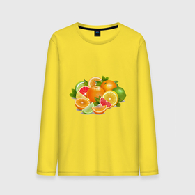 Мужской лонгслив хлопок с принтом CITRUS FRUITS в Кировске, 100% хлопок |  | greyfruit | апельсин | еда | желтый | зеленый | лайм | лимоны | ломтик | оранжевый | разноцветный | свежий | тропический | фрукты | цитрусовые