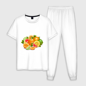 Мужская пижама хлопок с принтом CITRUS FRUITS в Новосибирске, 100% хлопок | брюки и футболка прямого кроя, без карманов, на брюках мягкая резинка на поясе и по низу штанин
 | Тематика изображения на принте: greyfruit | апельсин | еда | желтый | зеленый | лайм | лимоны | ломтик | оранжевый | разноцветный | свежий | тропический | фрукты | цитрусовые