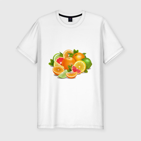 Мужская футболка хлопок Slim с принтом CITRUS FRUITS в Тюмени, 92% хлопок, 8% лайкра | приталенный силуэт, круглый вырез ворота, длина до линии бедра, короткий рукав | greyfruit | апельсин | еда | желтый | зеленый | лайм | лимоны | ломтик | оранжевый | разноцветный | свежий | тропический | фрукты | цитрусовые
