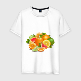 Мужская футболка хлопок с принтом CITRUS FRUITS , 100% хлопок | прямой крой, круглый вырез горловины, длина до линии бедер, слегка спущенное плечо. | greyfruit | апельсин | еда | желтый | зеленый | лайм | лимоны | ломтик | оранжевый | разноцветный | свежий | тропический | фрукты | цитрусовые