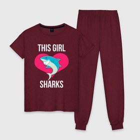 Женская пижама хлопок с принтом Эта девушка акулы в Петрозаводске, 100% хлопок | брюки и футболка прямого кроя, без карманов, на брюках мягкая резинка на поясе и по низу штанин | shark | акула | акулы | белая | катран | рыба | селахия | тигровая | тупорылая | хищник | шарк | эта девушка акулы