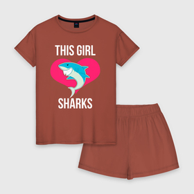 Женская пижама с шортиками хлопок с принтом Эта девушка акулы в Тюмени, 100% хлопок | футболка прямого кроя, шорты свободные с широкой мягкой резинкой | shark | акула | акулы | белая | катран | рыба | селахия | тигровая | тупорылая | хищник | шарк | эта девушка акулы