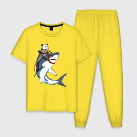 Мужская пижама хлопок с принтом Опоссум верхом на акуле в Новосибирске, 100% хлопок | брюки и футболка прямого кроя, без карманов, на брюках мягкая резинка на поясе и по низу штанин
 | shark | акула | акулы | белая | катран | опоссум | рыба | селахия | тигровая | тупорылая | хищник | шарк
