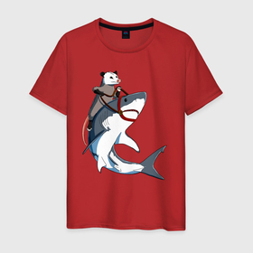 Мужская футболка хлопок с принтом Опоссум верхом на акуле , 100% хлопок | прямой крой, круглый вырез горловины, длина до линии бедер, слегка спущенное плечо. | shark | акула | акулы | белая | катран | опоссум | рыба | селахия | тигровая | тупорылая | хищник | шарк