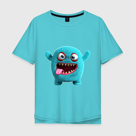 Мужская футболка хлопок Oversize с принтом FLUFFY MONSTER , 100% хлопок | свободный крой, круглый ворот, “спинка” длиннее передней части | забавный | милый | очаровательное | синий | существо | счастливый