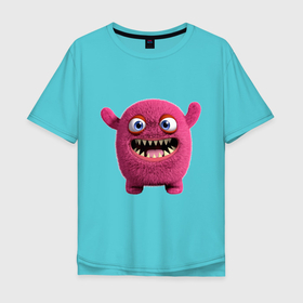 Мужская футболка хлопок Oversize с принтом FLUFFY COLORED MONSTER в Петрозаводске, 100% хлопок | свободный крой, круглый ворот, “спинка” длиннее передней части | забавный | красный | милый | очаровательное | пушистый | существо | счастливый