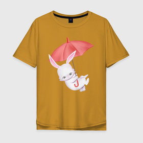 Мужская футболка хлопок Oversize с принтом Милый Крольчонок С Красным Зонтиком в Новосибирске, 100% хлопок | свободный крой, круглый ворот, “спинка” длиннее передней части | animals | beast | cute | hare | rabbit | umbrella | животные | заяц | звери | зонтик | кролик | крольчонок | милый