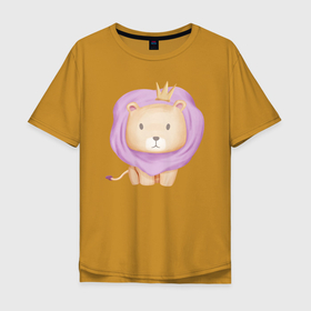Мужская футболка хлопок Oversize с принтом Милый Львёнок Сидит С Короной в Тюмени, 100% хлопок | свободный крой, круглый ворот, “спинка” длиннее передней части | animals | beast | cute | lion | животные | звери | лев | львёнок