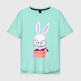 Мужская футболка хлопок Oversize с принтом Милый Крольчонок В Очках С Подарком в Курске, 100% хлопок | свободный крой, круглый ворот, “спинка” длиннее передней части | animals | beast | cute | hare | rabbit | животные | заяц | звери | кролик | крольчонок | милый | очки | подарок