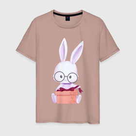 Мужская футболка хлопок с принтом Милый Крольчонок В Очках С Подарком , 100% хлопок | прямой крой, круглый вырез горловины, длина до линии бедер, слегка спущенное плечо. | animals | beast | cute | hare | rabbit | животные | заяц | звери | кролик | крольчонок | милый | очки | подарок