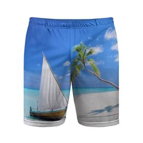 Мужские шорты спортивные с принтом island of hawaii в Курске,  |  | белый песок | остров | пальмы | песок | пляж | ростислав удача
