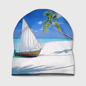 Шапка 3D с принтом island of hawaii в Екатеринбурге, 100% полиэстер | универсальный размер, печать по всей поверхности изделия | белый песок | остров | пальмы | песок | пляж | ростислав удача