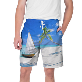 Мужские шорты 3D с принтом island of hawaii ,  полиэстер 100% | прямой крой, два кармана без застежек по бокам. Мягкая трикотажная резинка на поясе, внутри которой широкие завязки. Длина чуть выше колен | белый песок | остров | пальмы | песок | пляж | ростислав удача