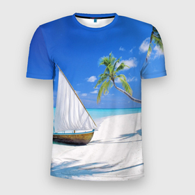 Мужская футболка 3D Slim с принтом island of hawaii в Екатеринбурге, 100% полиэстер с улучшенными характеристиками | приталенный силуэт, круглая горловина, широкие плечи, сужается к линии бедра | белый песок | остров | пальмы | песок | пляж | ростислав удача