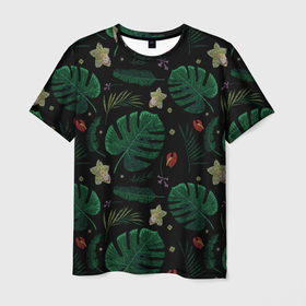 Мужская футболка 3D с принтом Тропические листья орхидеи цветы тропики эффект вышивки в Екатеринбурге, 100% полиэфир | прямой крой, круглый вырез горловины, длина до линии бедер | листья | орхидеи | тропики | тропические листья | тропические цветы | тропический | цветы | эффект вышивки