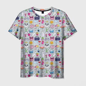 Мужская футболка 3D с принтом Милый принт с разными предметами мультяшный в Курске, 100% полиэфир | прямой крой, круглый вырез горловины, длина до линии бедер | анимационный | детский | для детей | иконки | милый | много деталей | много предметов | мультик | мультяшный | разные цвета | эмодзи
