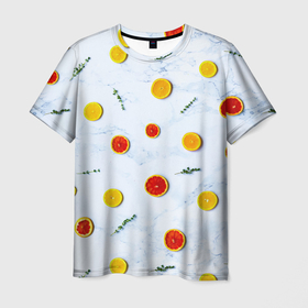 Мужская футболка 3D с принтом Дольки апельсина и грейпфрута в Тюмени, 100% полиэфир | прямой крой, круглый вырез горловины, длина до линии бедер | Тематика изображения на принте: апельсин | веточка | веточки | грейпфрут | дольки | еда | новый год | праздник | свежесть | фруктовый | фрукты | цитрусовый | цитрусы