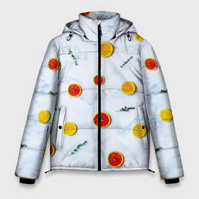 Мужская зимняя куртка 3D с принтом Дольки апельсина и грейпфрута в Курске, верх — 100% полиэстер; подкладка — 100% полиэстер; утеплитель — 100% полиэстер | длина ниже бедра, свободный силуэт Оверсайз. Есть воротник-стойка, отстегивающийся капюшон и ветрозащитная планка. 

Боковые карманы с листочкой на кнопках и внутренний карман на молнии. | апельсин | веточка | веточки | грейпфрут | дольки | еда | новый год | праздник | свежесть | фруктовый | фрукты | цитрусовый | цитрусы
