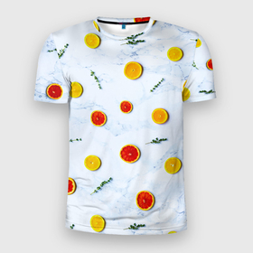 Мужская футболка 3D Slim с принтом Дольки апельсина и грейпфрута в Курске, 100% полиэстер с улучшенными характеристиками | приталенный силуэт, круглая горловина, широкие плечи, сужается к линии бедра | апельсин | веточка | веточки | грейпфрут | дольки | еда | новый год | праздник | свежесть | фруктовый | фрукты | цитрусовый | цитрусы