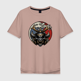 Мужская футболка хлопок Oversize с принтом Шлем  Маска самурая в Тюмени, 100% хлопок | свободный крой, круглый ворот, “спинка” длиннее передней части | Тематика изображения на принте: боец | воин | маска | маска самурая | самурай | шлем