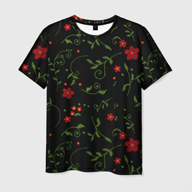 Мужская футболка 3D с принтом Красные цветы на черном фоне эффект вышивки , 100% полиэфир | прямой крой, круглый вырез горловины, длина до линии бедер | вышивка | красные цветы | растительный | цветы | эффект вышивки | яркий