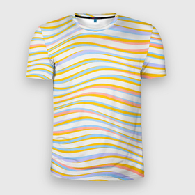 Мужская футболка 3D Slim с принтом Blue Wave в Тюмени, 100% полиэстер с улучшенными характеристиками | приталенный силуэт, круглая горловина, широкие плечи, сужается к линии бедра | Тематика изображения на принте: белый | волнистый | волны | минимализм | полосатый | синие | узор | черные