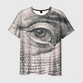 Мужская футболка 3D с принтом Глаз Бенджамина Франклина в Санкт-Петербурге, 100% полиэфир | прямой крой, круглый вырез горловины, длина до линии бедер | 100 долларов | банкнота | бенджамин франклин | глаз | деньги | доллар | купюра | макро | макросъемка | прикол