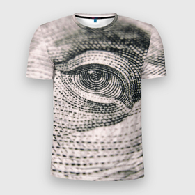Мужская футболка 3D Slim с принтом Глаз Бенджамина Франклина в Екатеринбурге, 100% полиэстер с улучшенными характеристиками | приталенный силуэт, круглая горловина, широкие плечи, сужается к линии бедра | Тематика изображения на принте: 100 долларов | банкнота | бенджамин франклин | глаз | деньги | доллар | купюра | макро | макросъемка | прикол