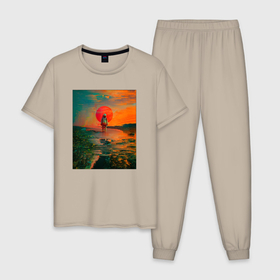 Мужская пижама хлопок с принтом Одинокий Астронавт в Тюмени, 100% хлопок | брюки и футболка прямого кроя, без карманов, на брюках мягкая резинка на поясе и по низу штанин
 | astronaut | clouds | echoes | full moon | horizon | lonely | moon | past | red | sky | space suit | sun | sunset | twilight | астронавт | горизонт | закат | красная | красное | луна | небо | облака | одинокий | отголоски | полнолуние | прошлого | скафандр